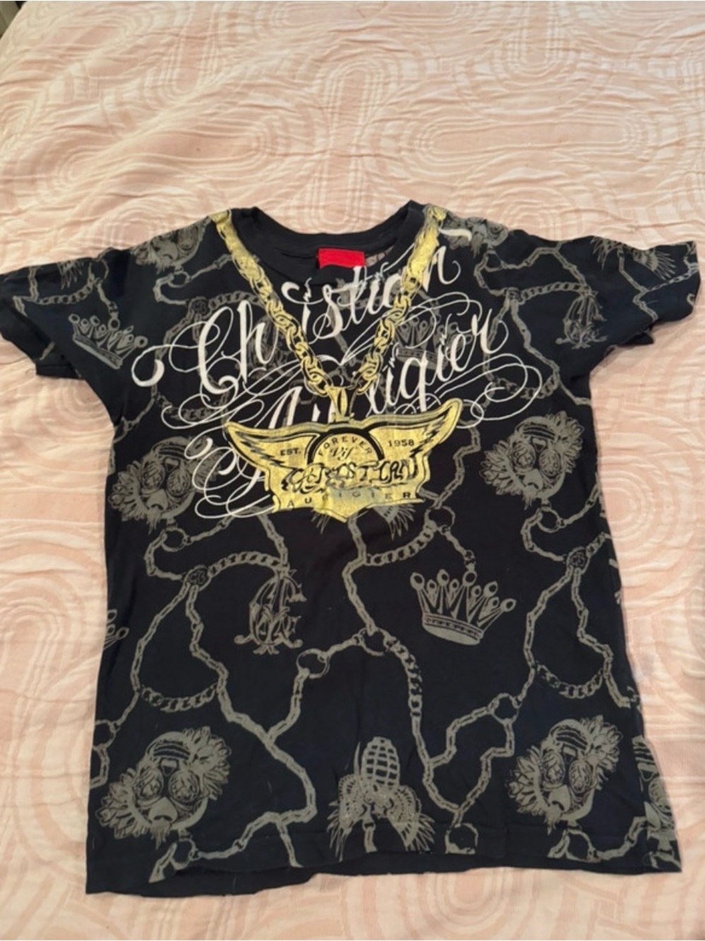 Christian Audigier Kids Black Graphic T-Shirt Gold Chain Print Size 5/6
